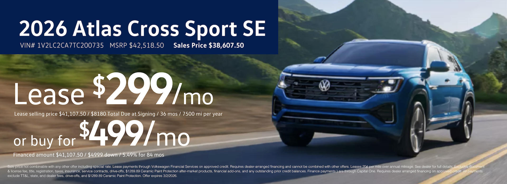 Lease the '26 Atlas Cross for $299/mo at VW Lee's Summit