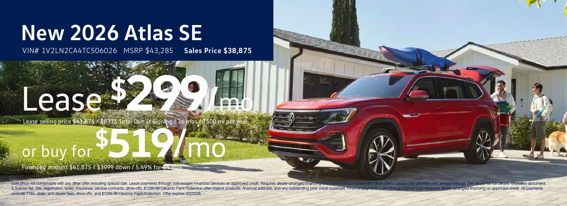 Lease the '26 Atlas for $299/mo at VW Lee's Summit