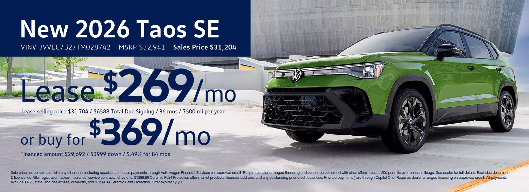 Lease the '26 Taos for $269/mo at VW Lee's Summit