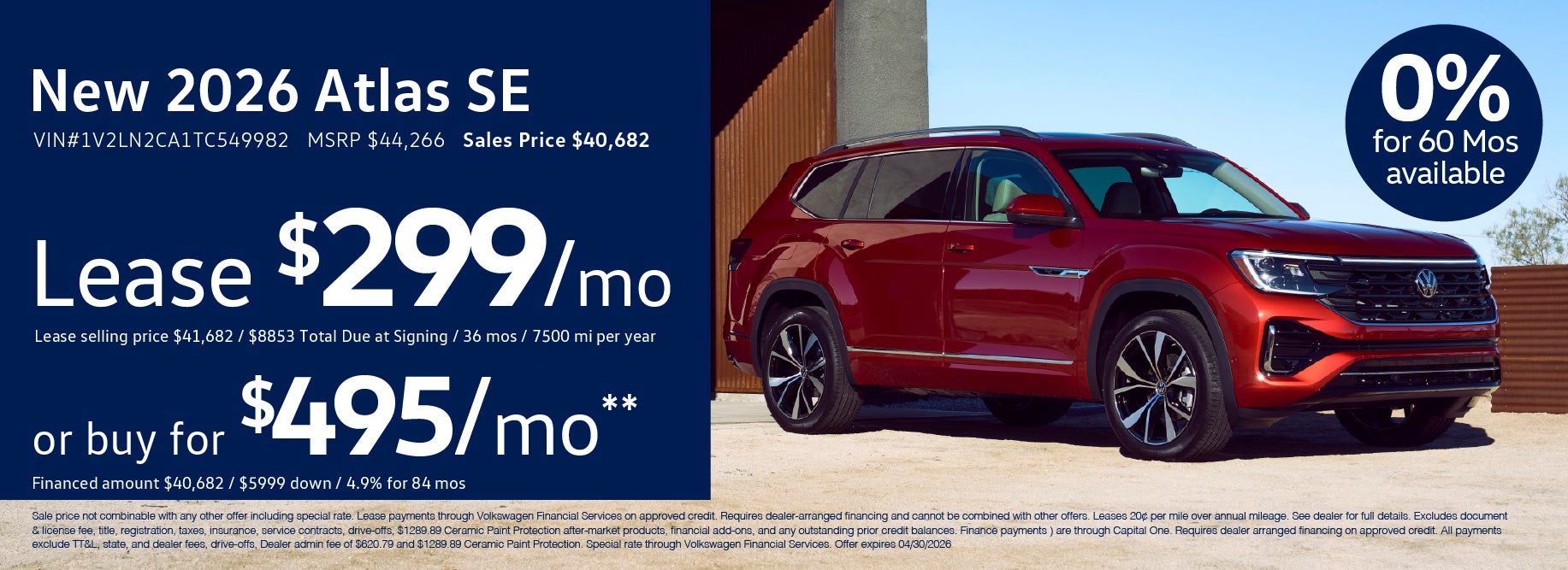 Lease the '26 Atlas for $299/mo at VW Lee's Summit
