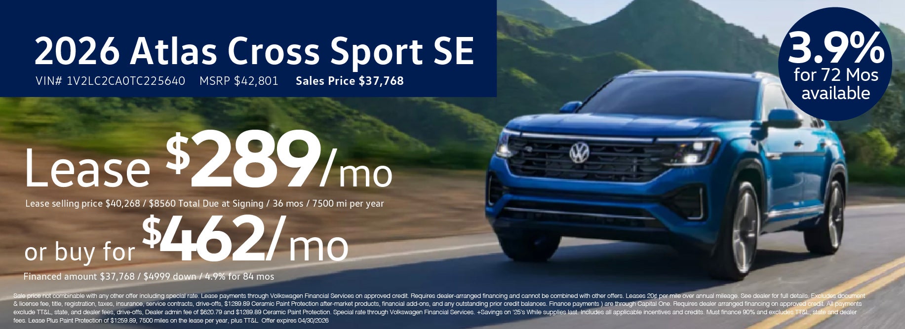 Lease the '26 Atlas Cross for $289/mo at VW Lee's Summit