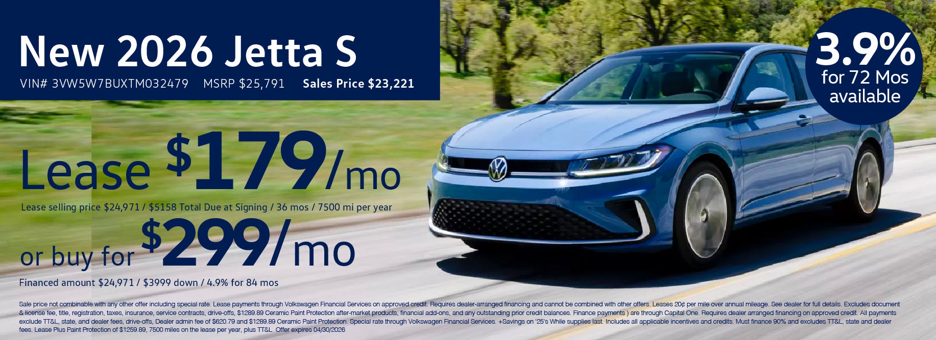 Lease the '26 Jetta for $179/mo at VW Lee's Summit