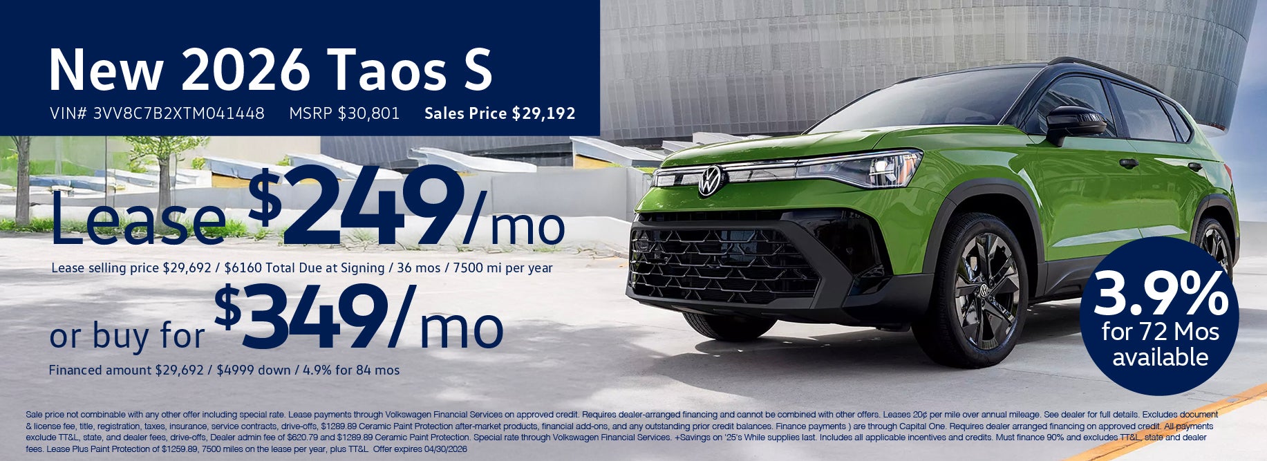 Lease the '26 Taos for $269/mo at VW Lee's Summit