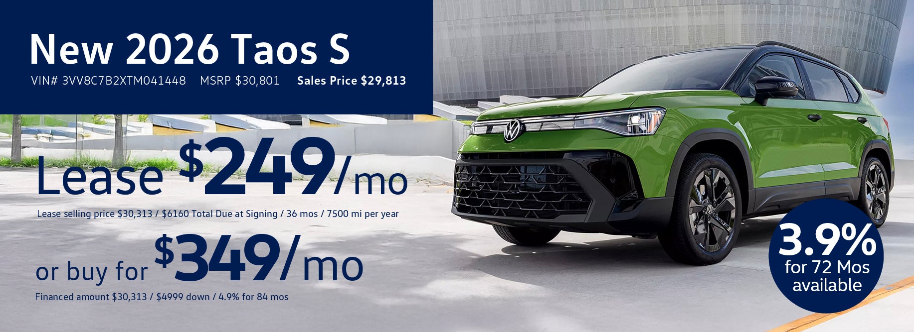 Lease the '26 Taos for $269/mo at VW Lee's Summit