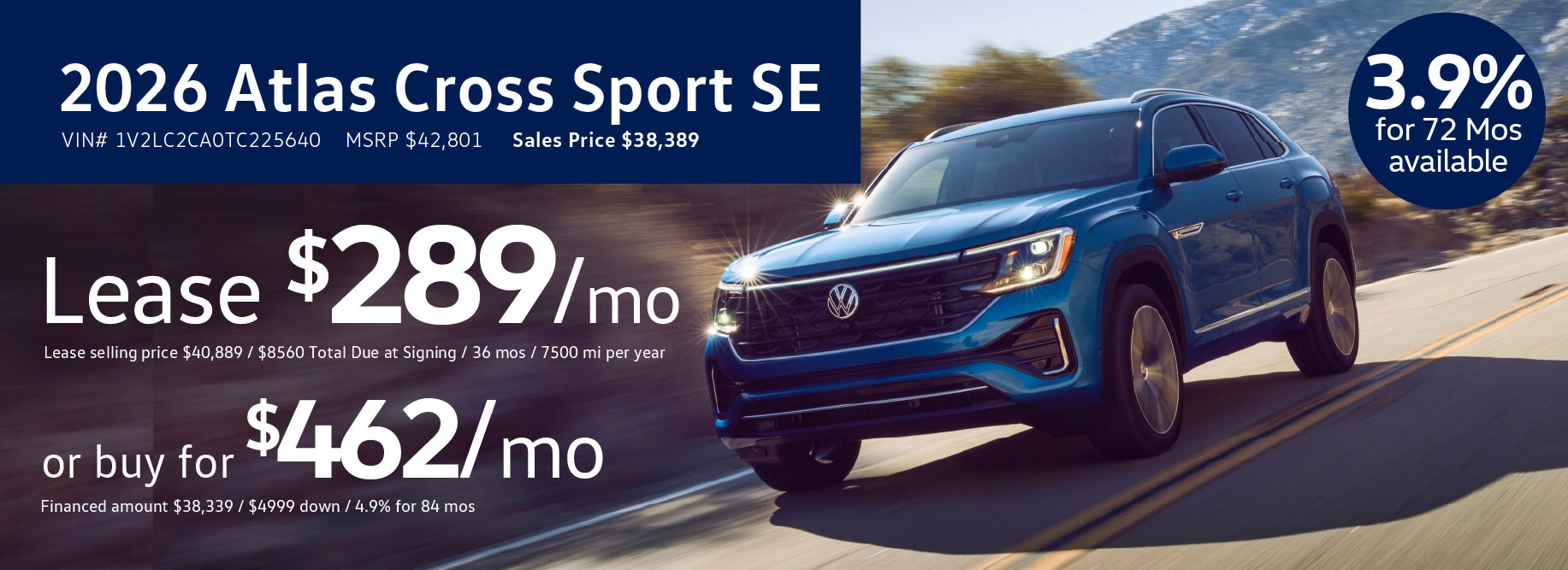 Lease the '26 Atlas Cross for $289/mo at VW Lee's Summit