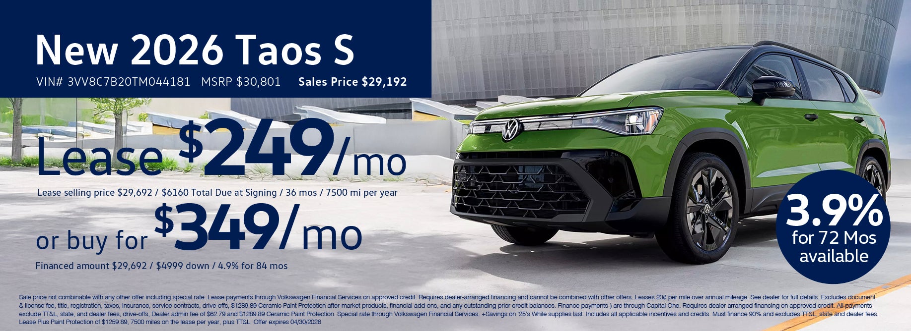 Lease the '26 Taos for $269/mo at VW Lee's Summit